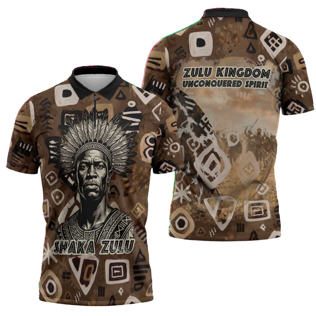 Shaka Zulu Zipper Polo Shirt Monochrome Portrait Zulu Kingdom Heritage Unconquered Spirit Warrior Legacy Theme - Wonder Print Shop
