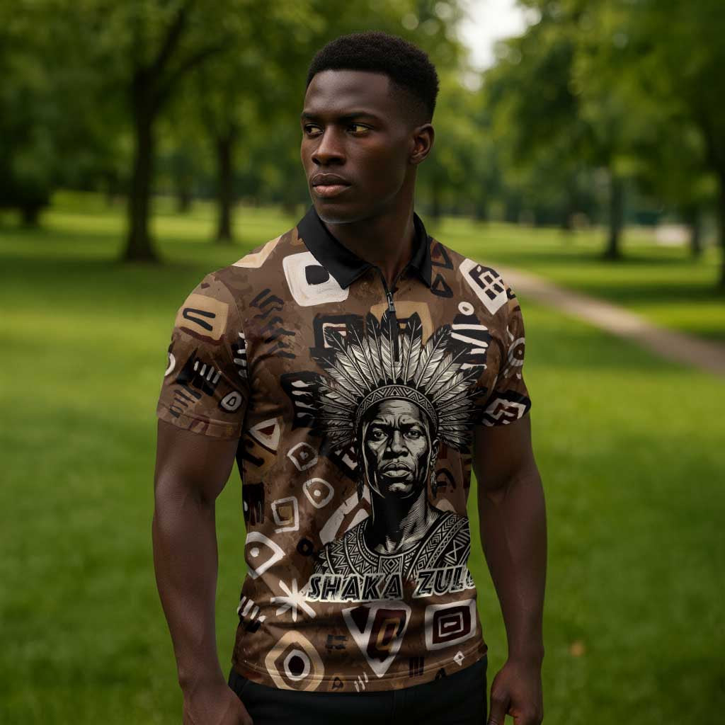 Shaka Zulu Zipper Polo Shirt Monochrome Portrait Zulu Kingdom Heritage Unconquered Spirit Warrior Legacy Theme - Wonder Print Shop
