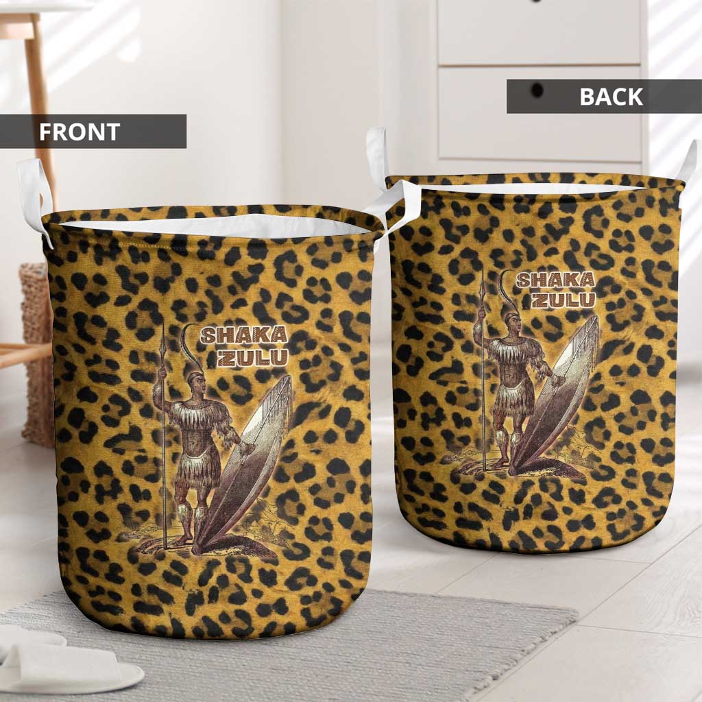 Shaka Zulu Laundry Basket Leopard Print Design Traditional Warrior Spear and Shield Illustration Tribal King - Wonder Print Shop