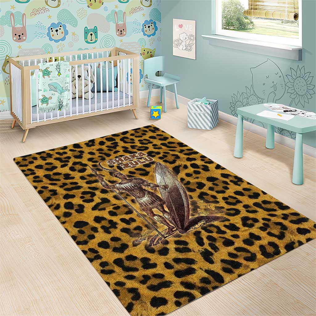 Shaka Zulu Area Rug Leopard Print Design Traditional Warrior Spear and Shield Illustration Tribal King - Wonder Print Shop