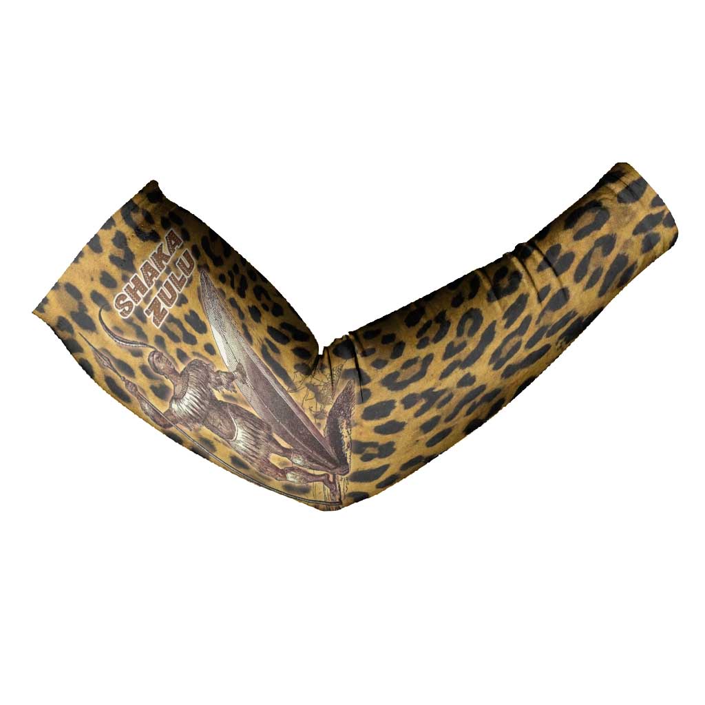 Shaka Zulu Arm Sleeves Leopard Print Design Traditional Warrior Spear and Shield Illustration Tribal King - Wonder Print Shop