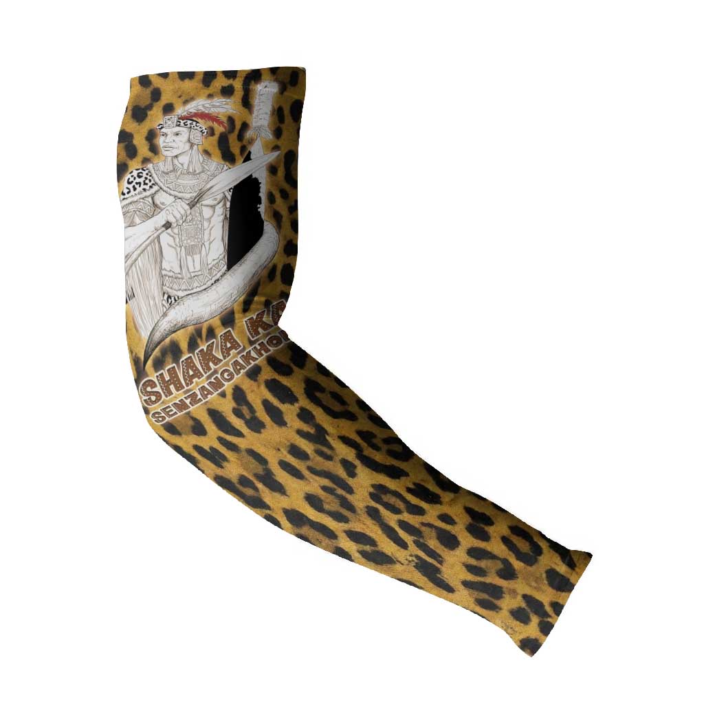Shaka Zulu Arm Sleeves Leopard Print Design Traditional Warrior Spear and Shield Illustration Tribal King - Wonder Print Shop