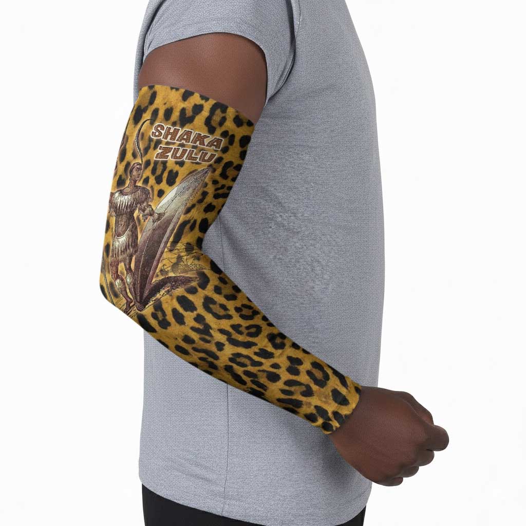 Shaka Zulu Arm Sleeves Leopard Print Design Traditional Warrior Spear and Shield Illustration Tribal King - Wonder Print Shop