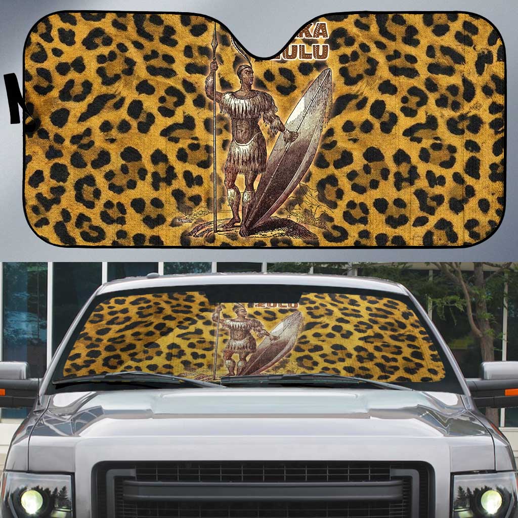 Shaka Zulu Auto Sun Shade Leopard Print Design Traditional Warrior Spear and Shield Illustration Tribal King - Wonder Print Shop