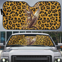 Shaka Zulu Auto Sun Shade Leopard Print Design Traditional Warrior Spear and Shield Illustration Tribal King - Wonder Print Shop