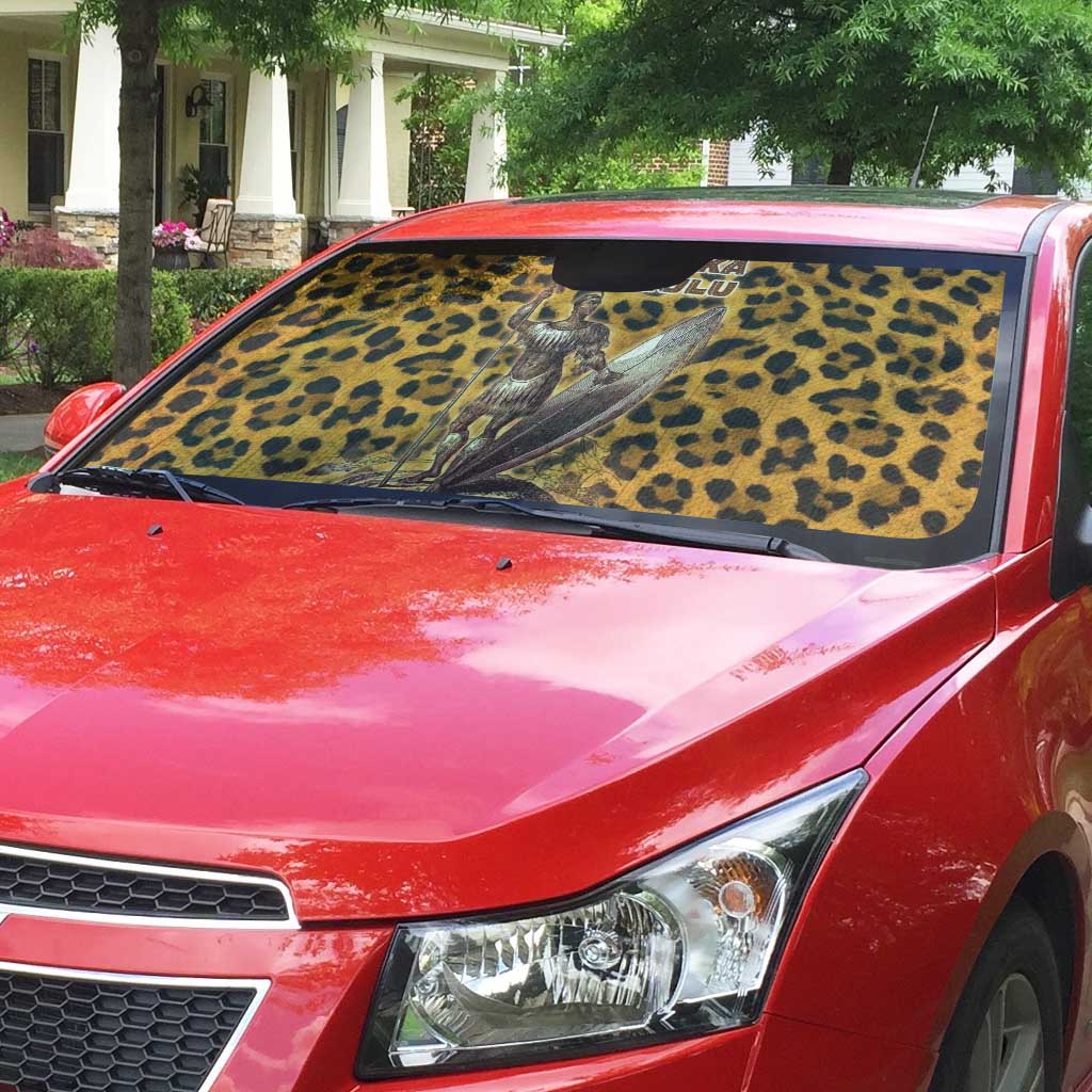 Shaka Zulu Auto Sun Shade Leopard Print Design Traditional Warrior Spear and Shield Illustration Tribal King - Wonder Print Shop
