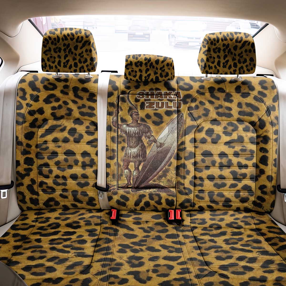 Shaka Zulu Back Car Seat Cover Leopard Print Design Traditional Warrior Spear and Shield Illustration Tribal King - Wonder Print Shop