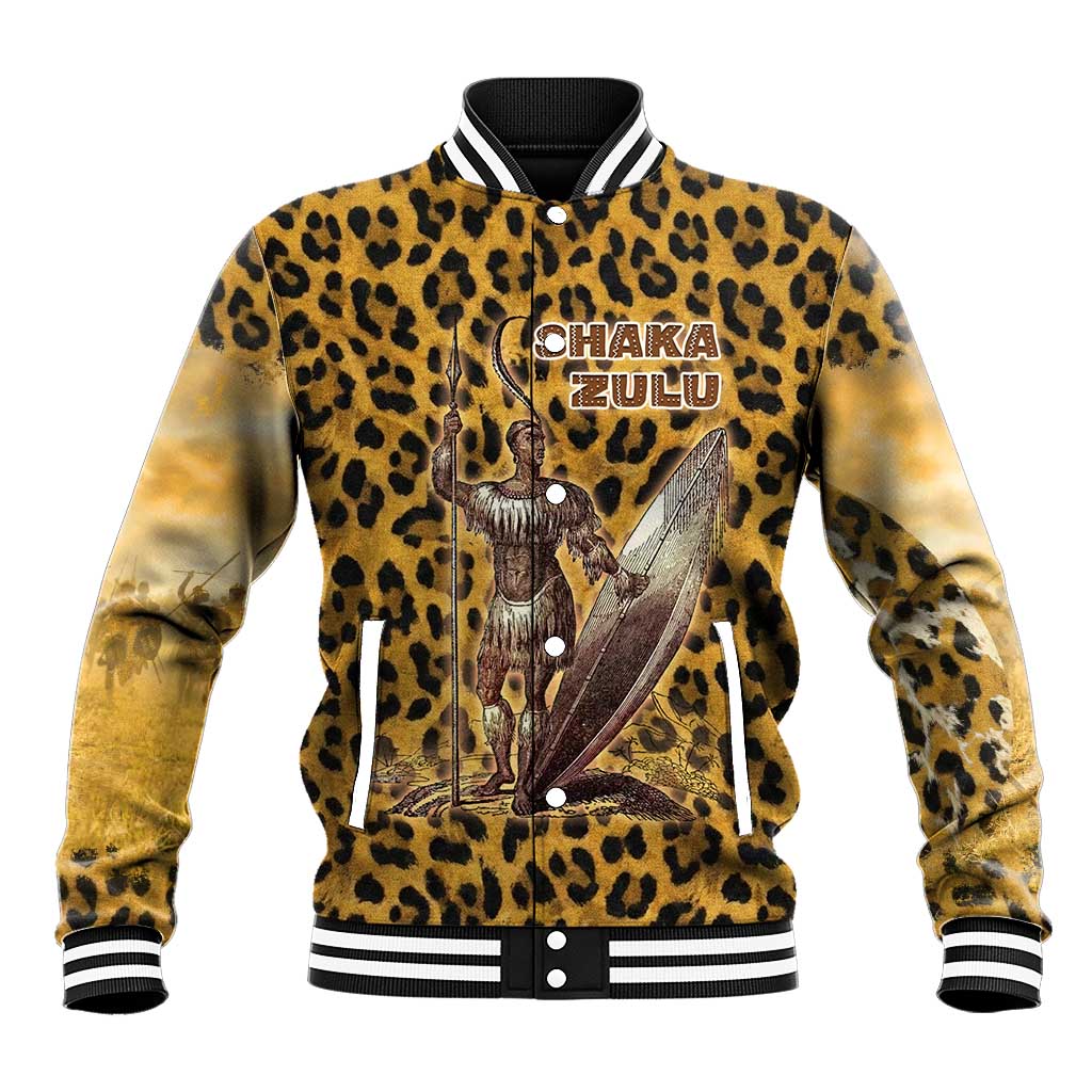 Shaka Zulu Baseball Jacket Leopard Print Design Traditional Warrior Spear and Shield Illustration Tribal King - Wonder Print Shop
