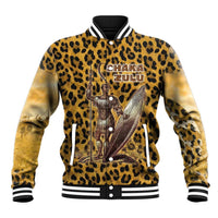 Shaka Zulu Baseball Jacket Leopard Print Design Traditional Warrior Spear and Shield Illustration Tribal King - Wonder Print Shop