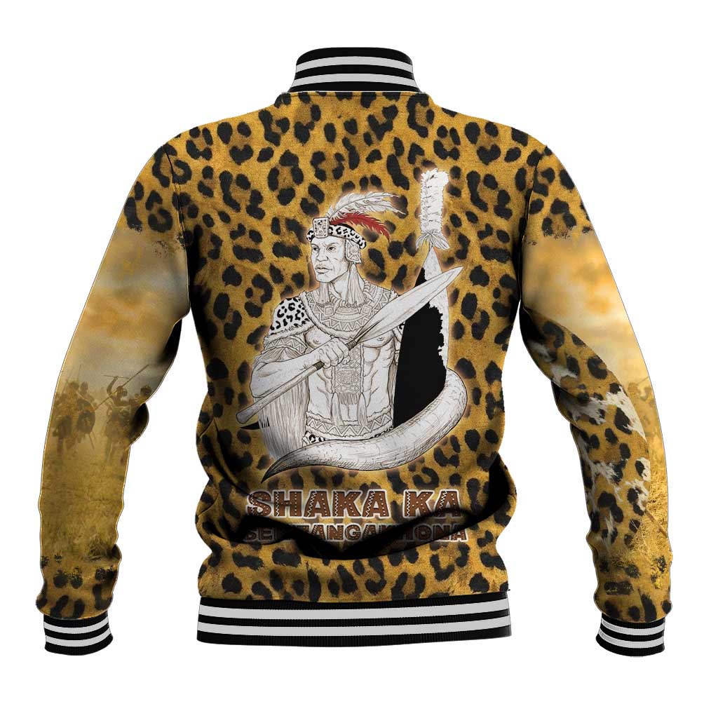 Shaka Zulu Baseball Jacket Leopard Print Design Traditional Warrior Spear and Shield Illustration Tribal King - Wonder Print Shop