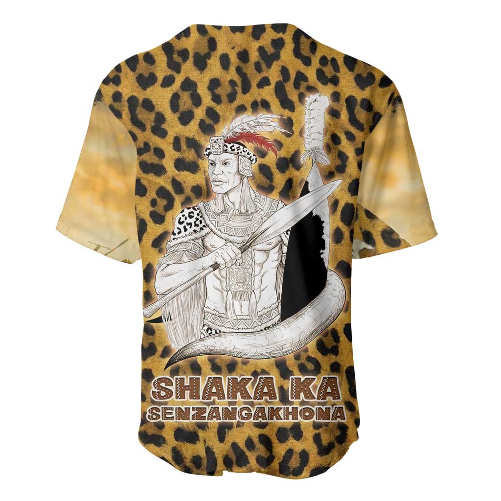 Shaka Zulu Baseball Jersey Leopard Print Design Traditional Warrior Spear and Shield Illustration Tribal King - Wonder Print Shop