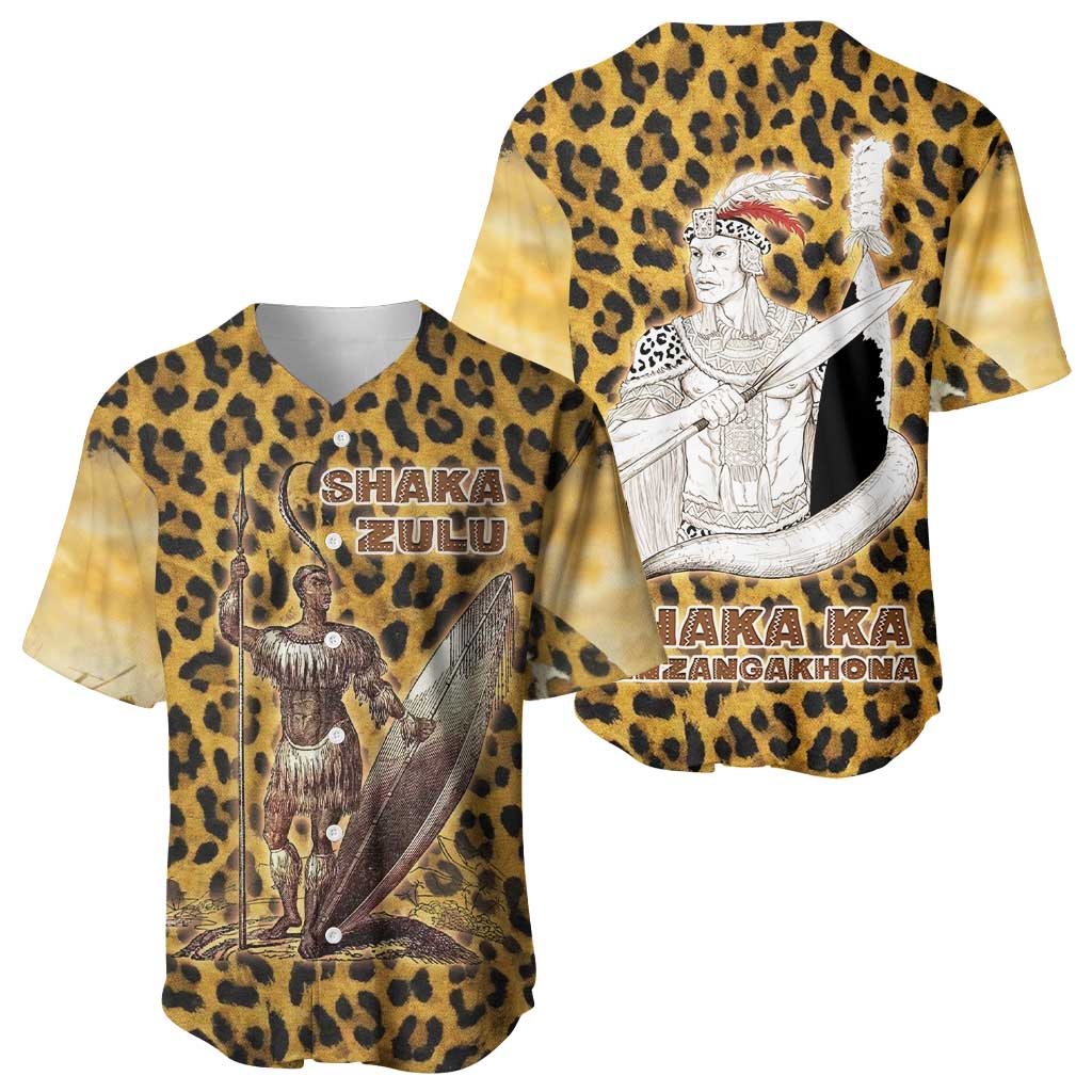 Shaka Zulu Baseball Jersey Leopard Print Design Traditional Warrior Spear and Shield Illustration Tribal King - Wonder Print Shop