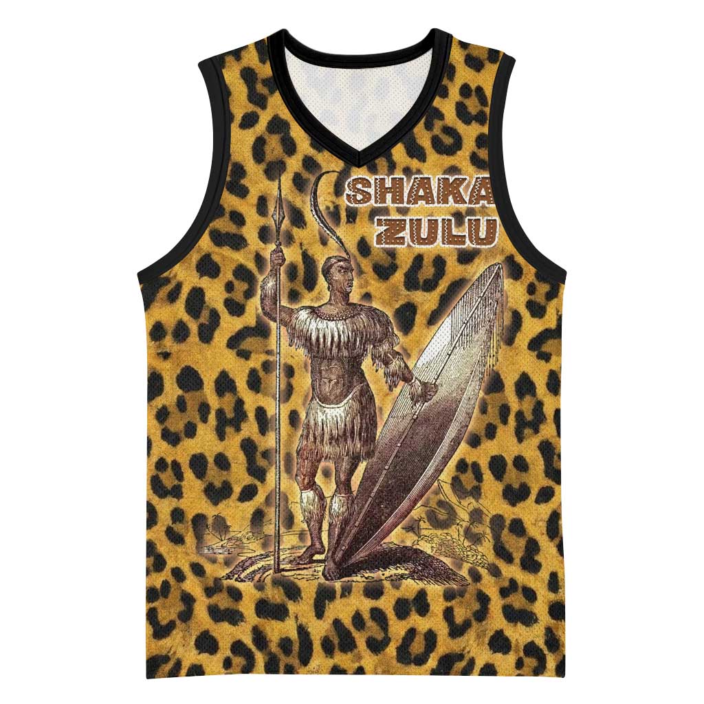 Shaka Zulu Basketball Jersey Leopard Print Design Traditional Warrior Spear and Shield Illustration Tribal King - Wonder Print Shop