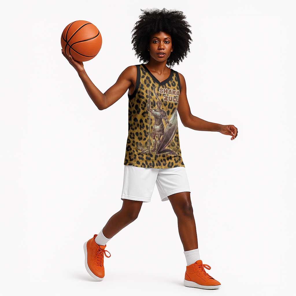Shaka Zulu Basketball Jersey Leopard Print Design Traditional Warrior Spear and Shield Illustration Tribal King - Wonder Print Shop