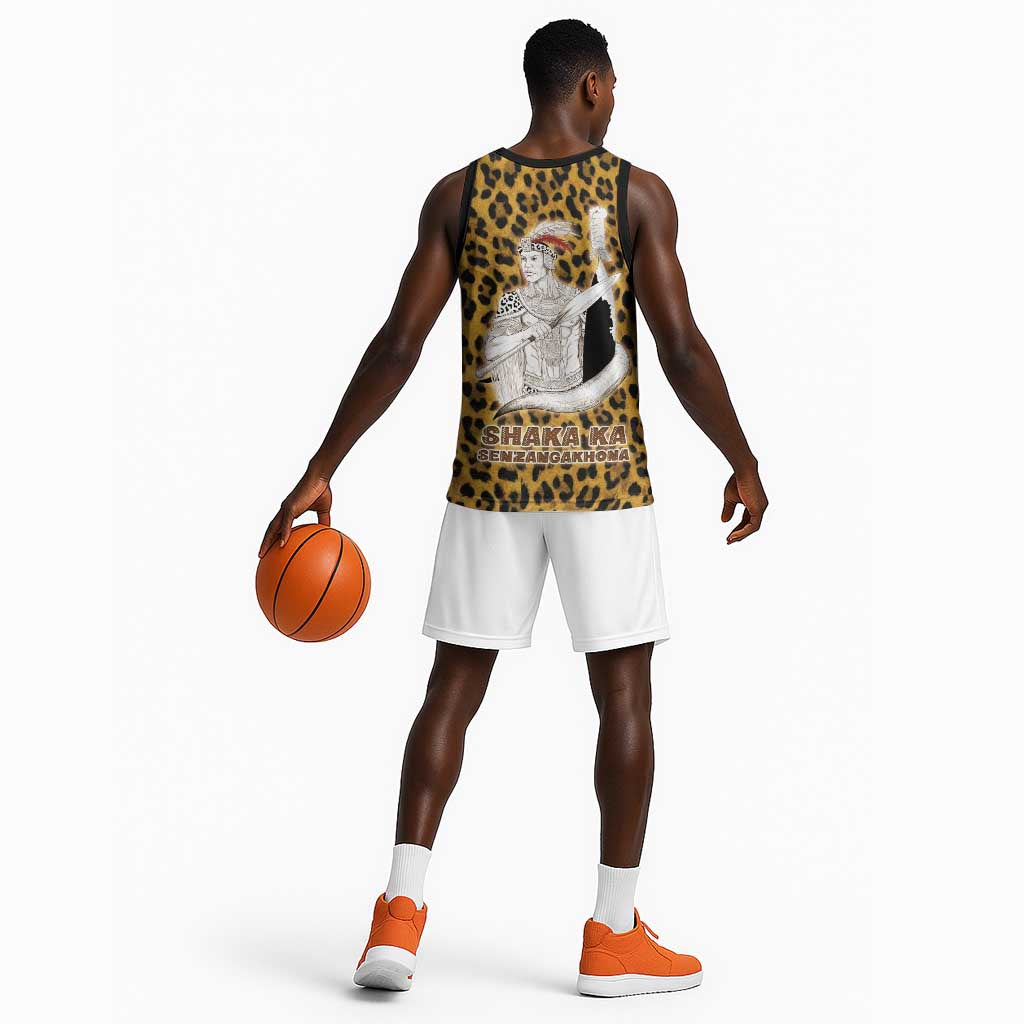Shaka Zulu Basketball Jersey Leopard Print Design Traditional Warrior Spear and Shield Illustration Tribal King - Wonder Print Shop