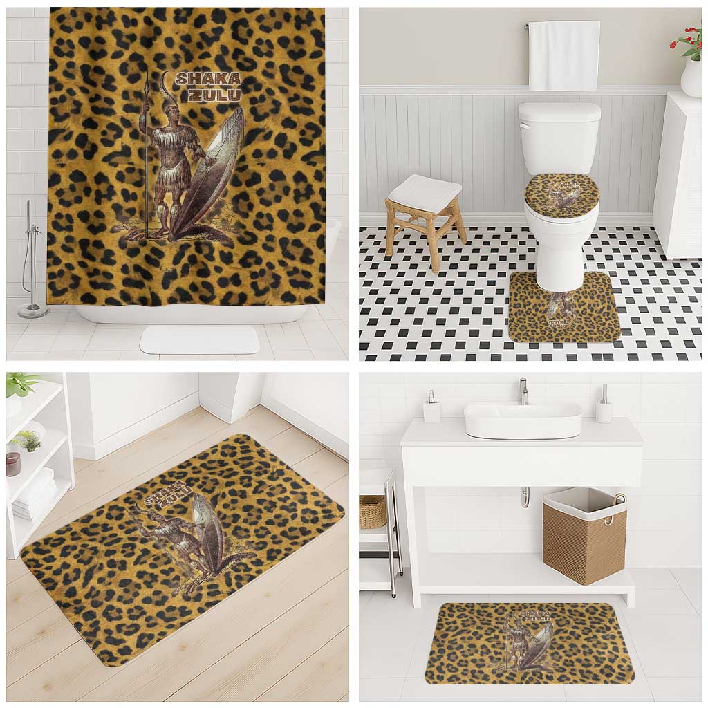 Shaka Zulu Bathroom Set Leopard Print Design Traditional Warrior Spear and Shield Illustration Tribal King - Wonder Print Shop