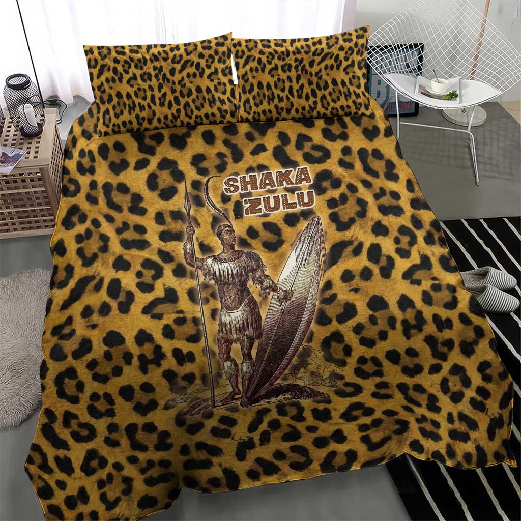 Shaka Zulu Bedding Set Leopard Print Design Traditional Warrior Spear and Shield Illustration Tribal King - Wonder Print Shop