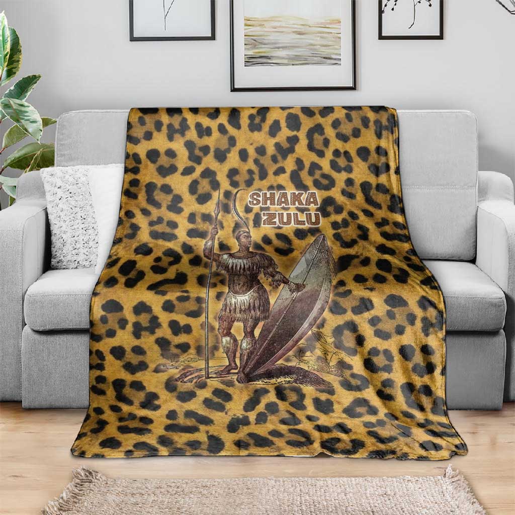 Shaka Zulu Blanket Leopard Print Design Traditional Warrior Spear and Shield Illustration Tribal King - Wonder Print Shop