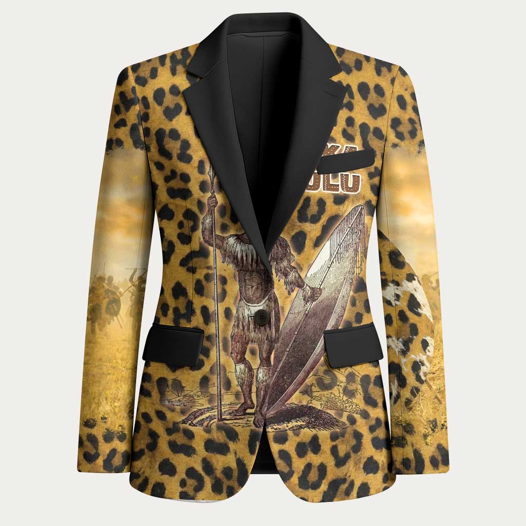 Shaka Zulu Blazer Leopard Print Design Traditional Warrior Spear and Shield Illustration Tribal King - Wonder Print Shop