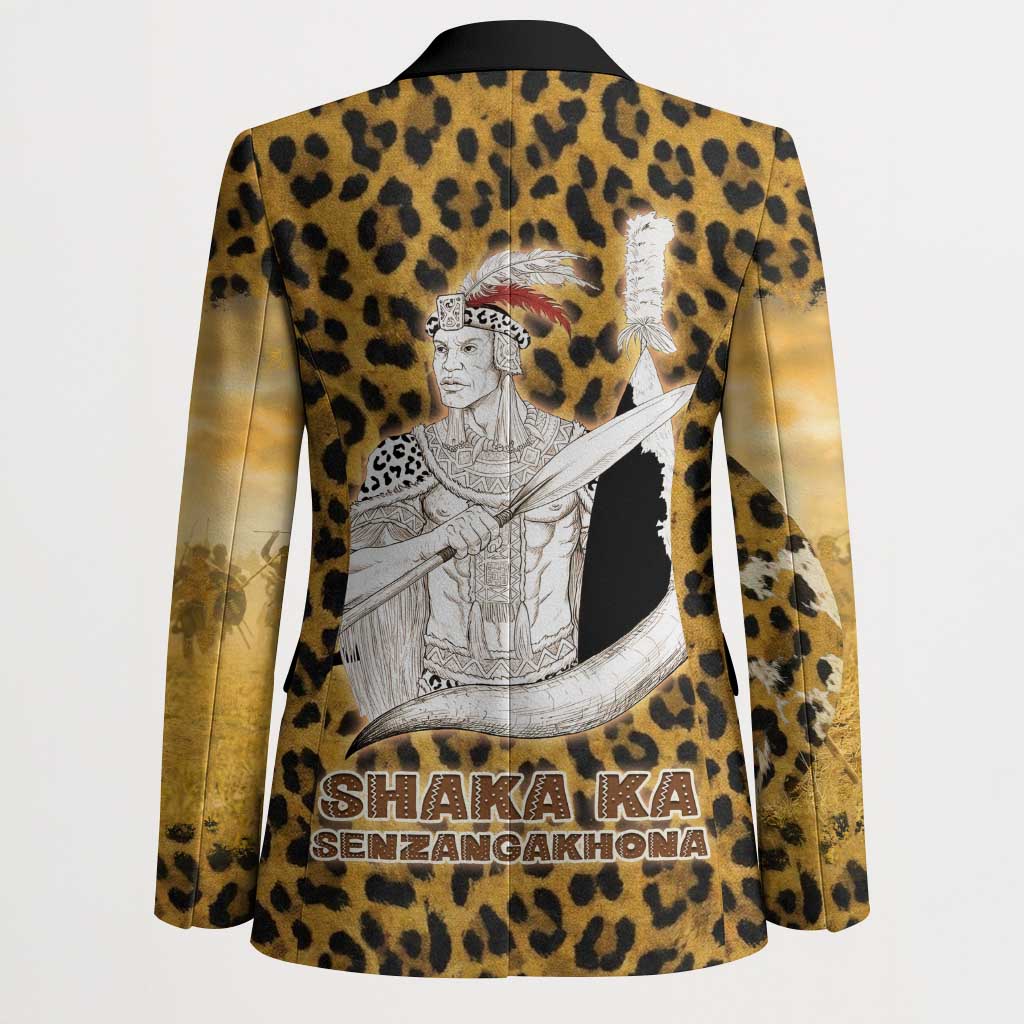 Shaka Zulu Blazer Leopard Print Design Traditional Warrior Spear and Shield Illustration Tribal King - Wonder Print Shop