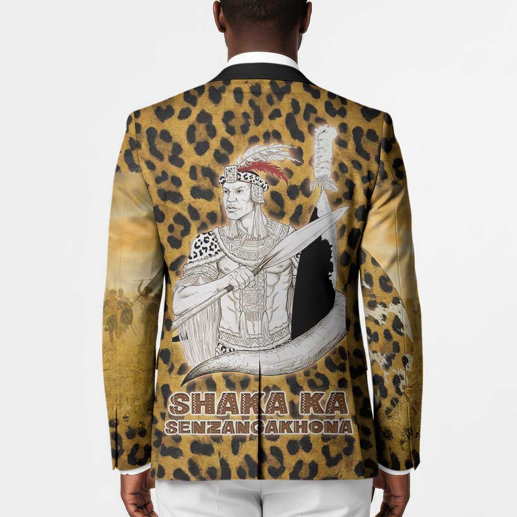 Shaka Zulu Blazer Leopard Print Design Traditional Warrior Spear and Shield Illustration Tribal King - Wonder Print Shop