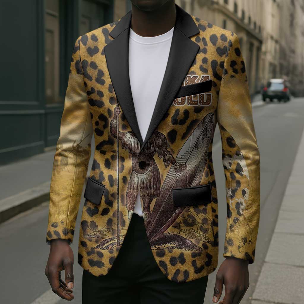 Shaka Zulu Blazer Leopard Print Design Traditional Warrior Spear and Shield Illustration Tribal King - Wonder Print Shop
