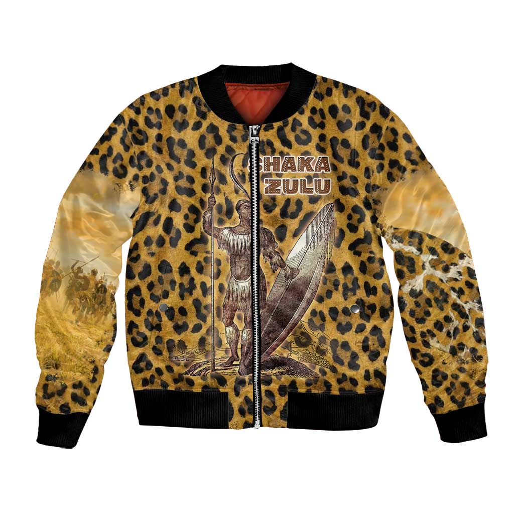 Shaka Zulu Bomber Jacket Leopard Print Design Traditional Warrior Spear and Shield Illustration Tribal King - Wonder Print Shop