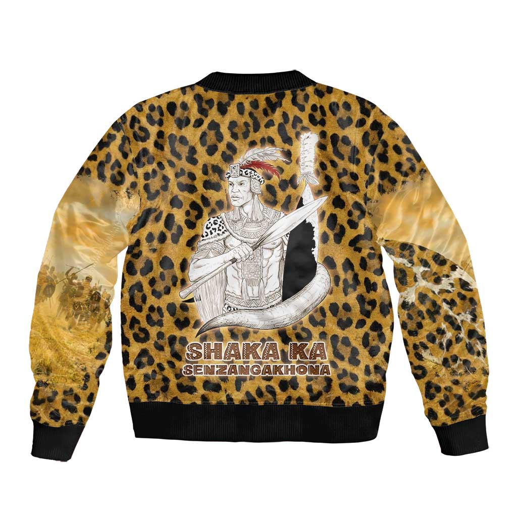 Shaka Zulu Bomber Jacket Leopard Print Design Traditional Warrior Spear and Shield Illustration Tribal King - Wonder Print Shop