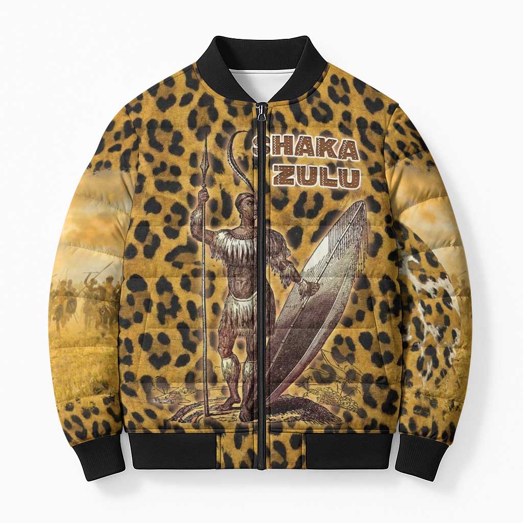 Shaka Zulu Bomber Puffer Jacket Leopard Print Design Traditional Warrior Spear and Shield Illustration Tribal King - Wonder Print Shop