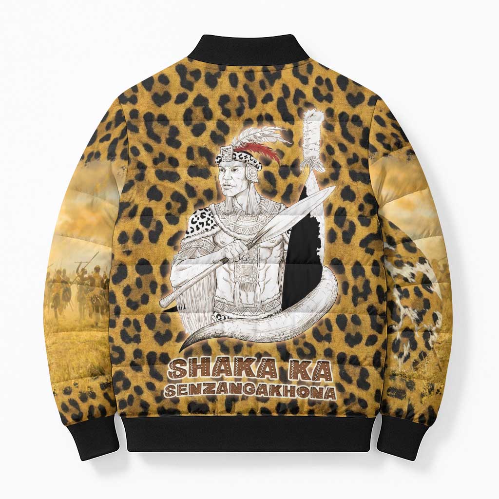 Shaka Zulu Bomber Puffer Jacket Leopard Print Design Traditional Warrior Spear and Shield Illustration Tribal King - Wonder Print Shop