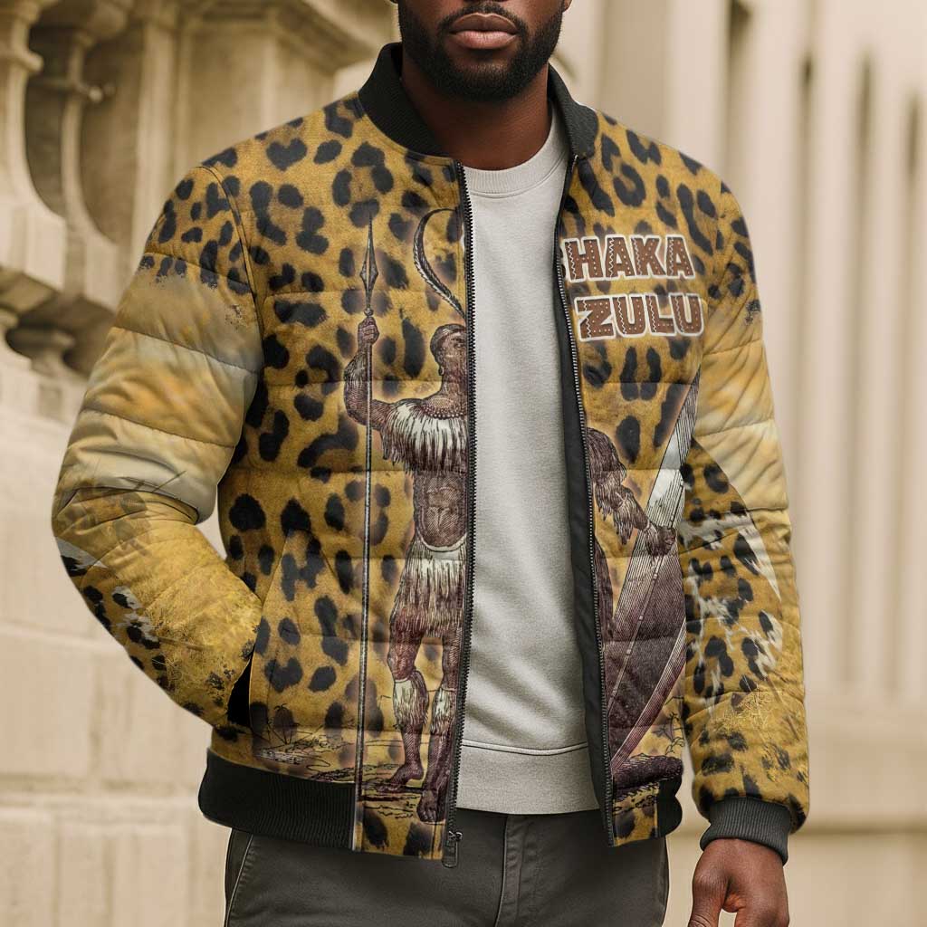 Shaka Zulu Bomber Puffer Jacket Leopard Print Design Traditional Warrior Spear and Shield Illustration Tribal King - Wonder Print Shop