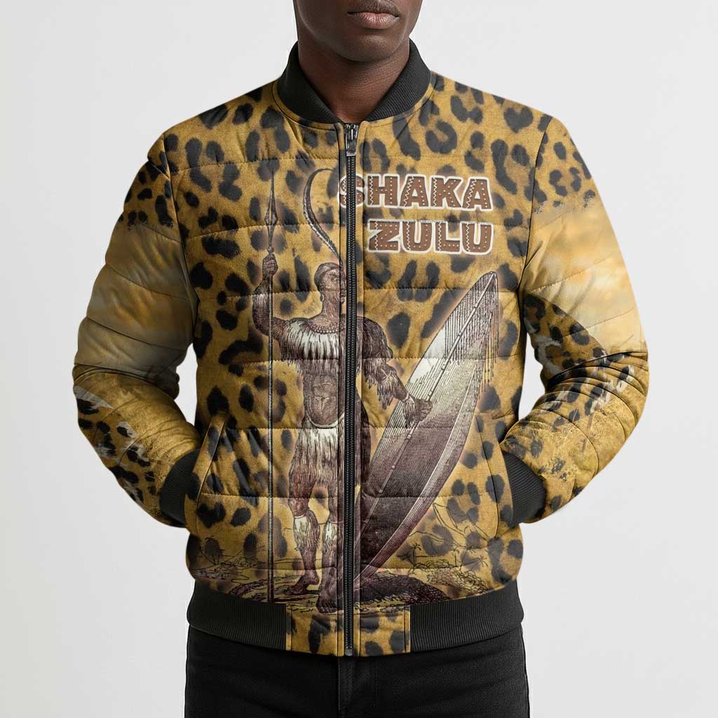 Shaka Zulu Bomber Puffer Jacket Leopard Print Design Traditional Warrior Spear and Shield Illustration Tribal King - Wonder Print Shop