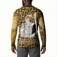Shaka Zulu Button Sweatshirt Leopard Print Design Traditional Warrior Spear and Shield Illustration Tribal King
