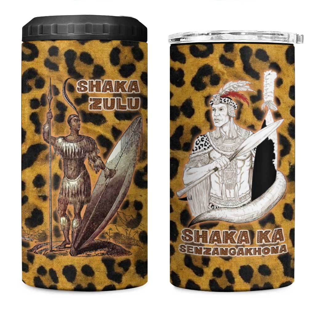 Shaka Zulu 4 in 1 Can Cooler Tumbler Leopard Print Design Traditional Warrior Spear and Shield Illustration Tribal King - Wonder Print Shop