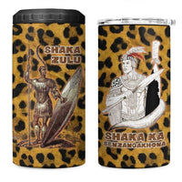 Shaka Zulu 4 in 1 Can Cooler Tumbler Leopard Print Design Traditional Warrior Spear and Shield Illustration Tribal King - Wonder Print Shop