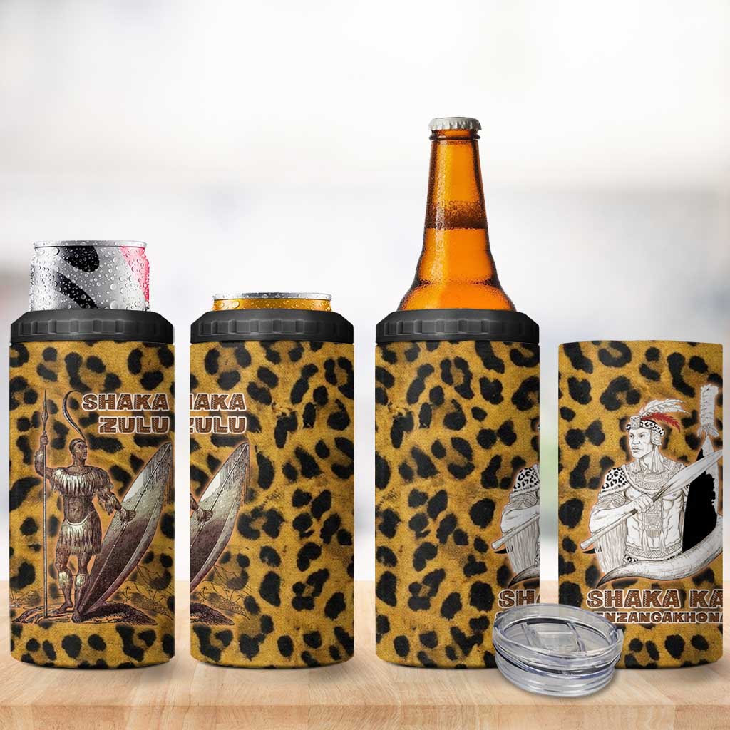 Shaka Zulu 4 in 1 Can Cooler Tumbler Leopard Print Design Traditional Warrior Spear and Shield Illustration Tribal King - Wonder Print Shop