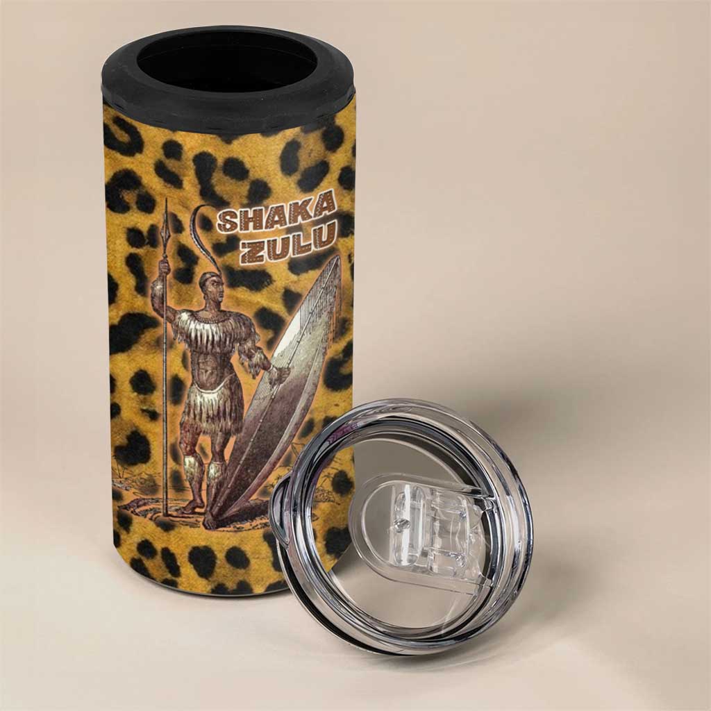 Shaka Zulu 4 in 1 Can Cooler Tumbler Leopard Print Design Traditional Warrior Spear and Shield Illustration Tribal King - Wonder Print Shop