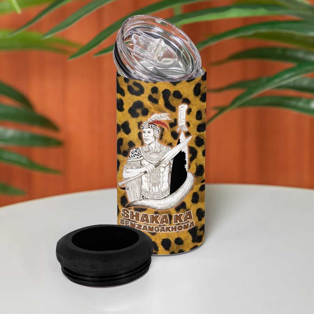 Shaka Zulu 4 in 1 Can Cooler Tumbler Leopard Print Design Traditional Warrior Spear and Shield Illustration Tribal King - Wonder Print Shop
