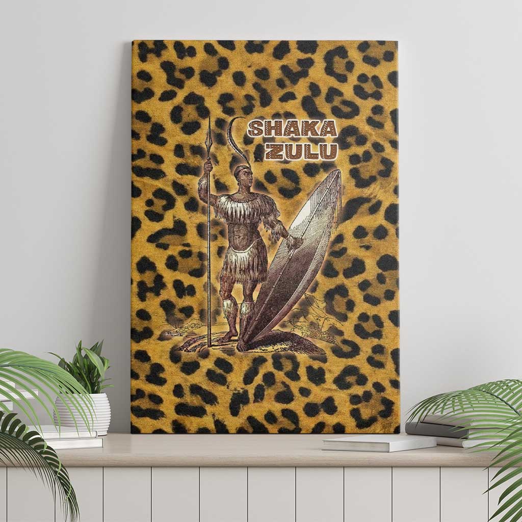 Shaka Zulu Canvas Wall Art Leopard Print Design Traditional Warrior Spear and Shield Illustration Tribal King - Wonder Print Shop