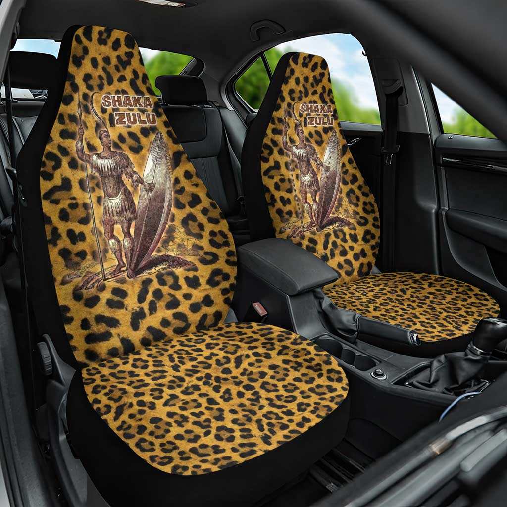 Shaka Zulu Car Seat Cover Leopard Print Design Traditional Warrior Spear and Shield Illustration Tribal King - Wonder Print Shop