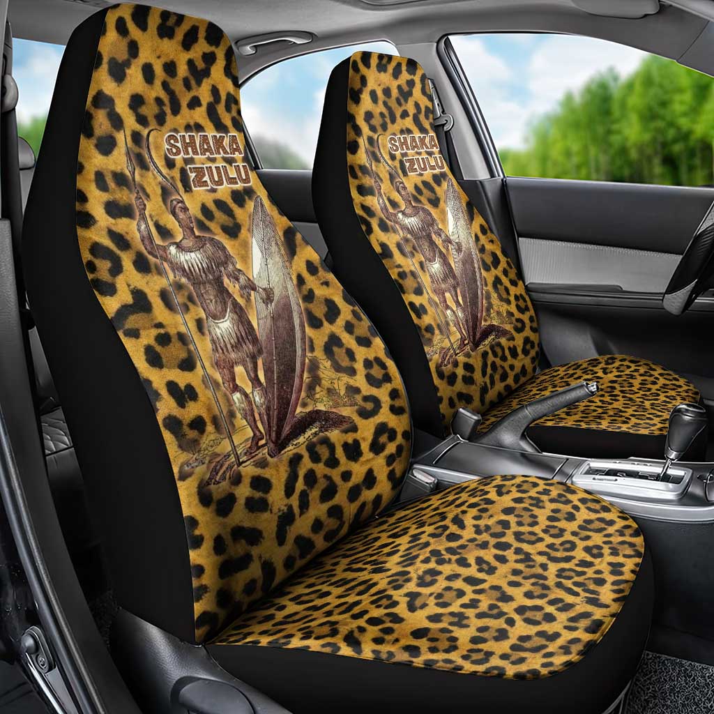 Shaka Zulu Car Seat Cover Leopard Print Design Traditional Warrior Spear and Shield Illustration Tribal King - Wonder Print Shop