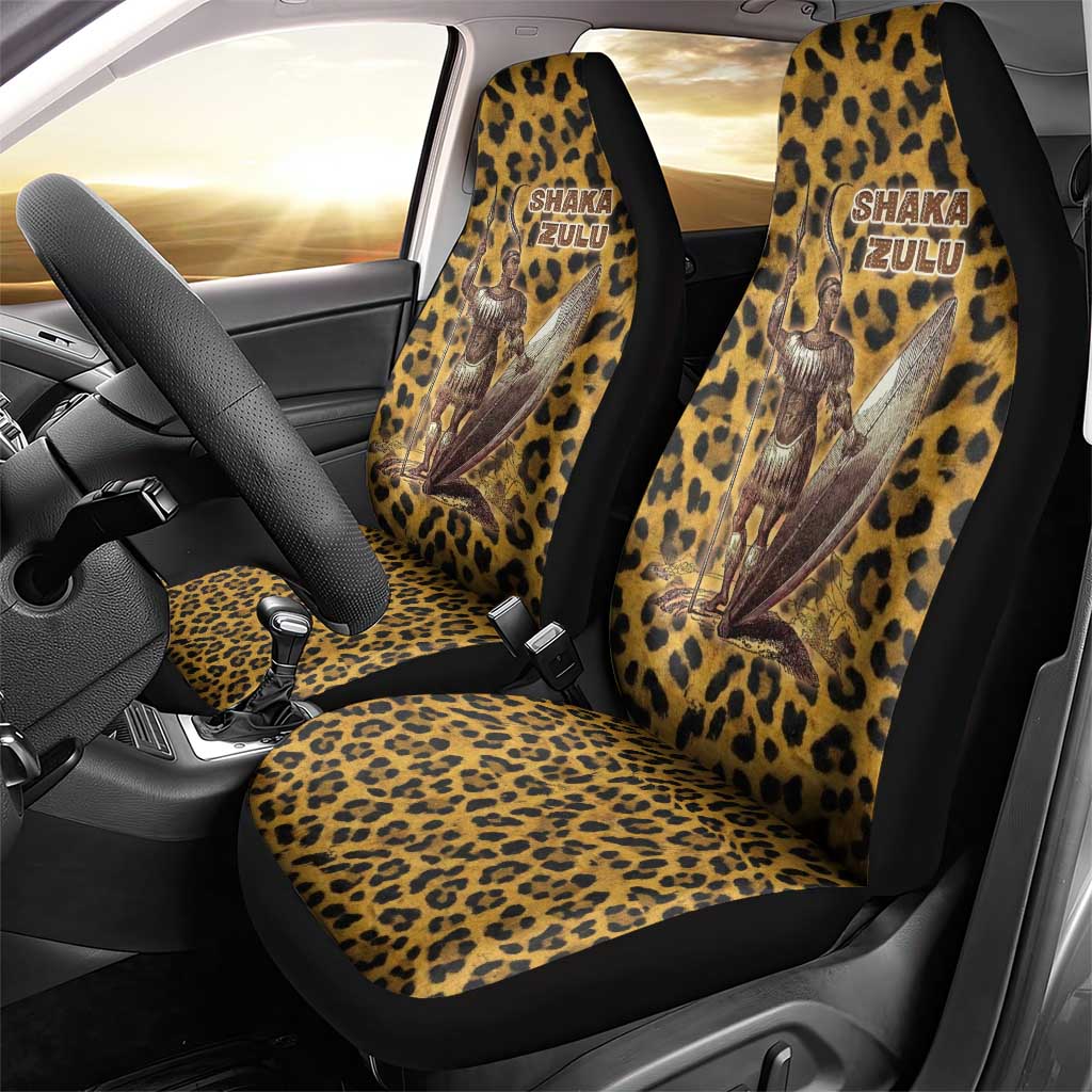 Shaka Zulu Car Seat Cover Leopard Print Design Traditional Warrior Spear and Shield Illustration Tribal King - Wonder Print Shop
