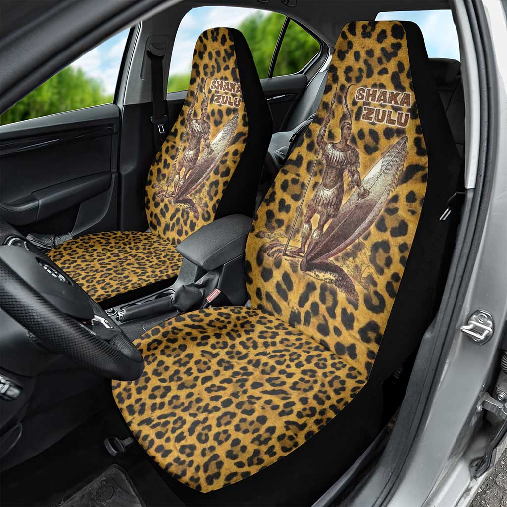 Shaka Zulu Car Seat Cover Leopard Print Design Traditional Warrior Spear and Shield Illustration Tribal King - Wonder Print Shop