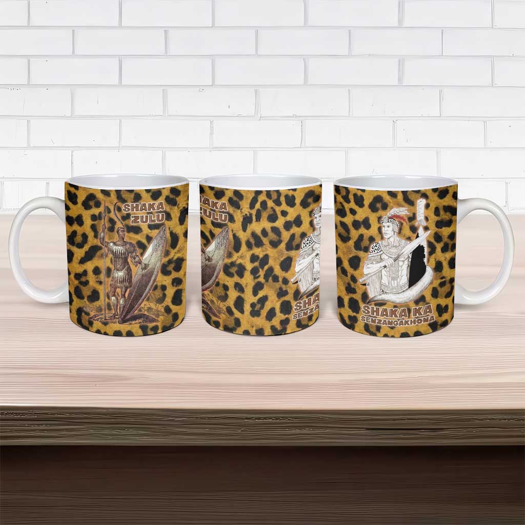Shaka Zulu Ceramic Mug Leopard Print Design Traditional Warrior Spear and Shield Illustration Tribal King - Wonder Print Shop