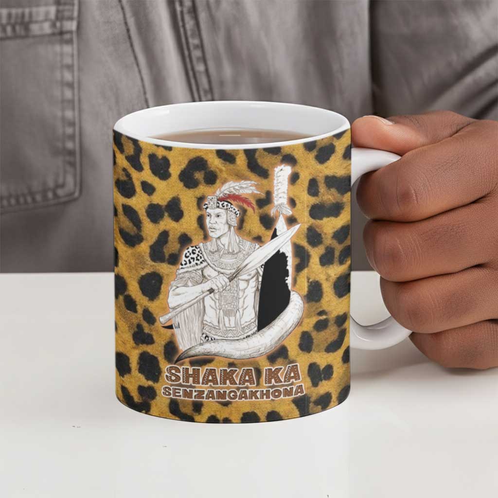 Shaka Zulu Ceramic Mug Leopard Print Design Traditional Warrior Spear and Shield Illustration Tribal King - Wonder Print Shop