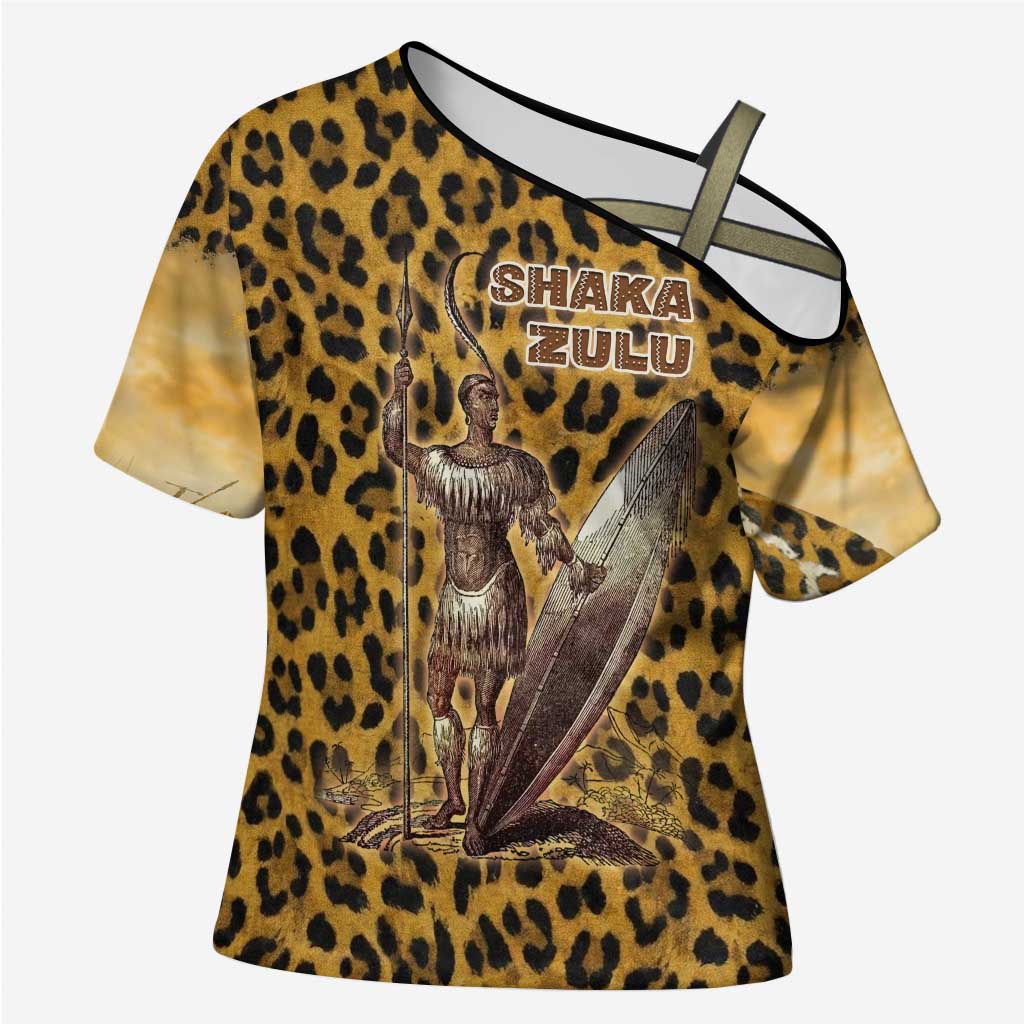 Shaka Zulu Cross Shoulder Shirt Leopard Print Design Traditional Warrior Spear and Shield Illustration Tribal King - Wonder Print Shop
