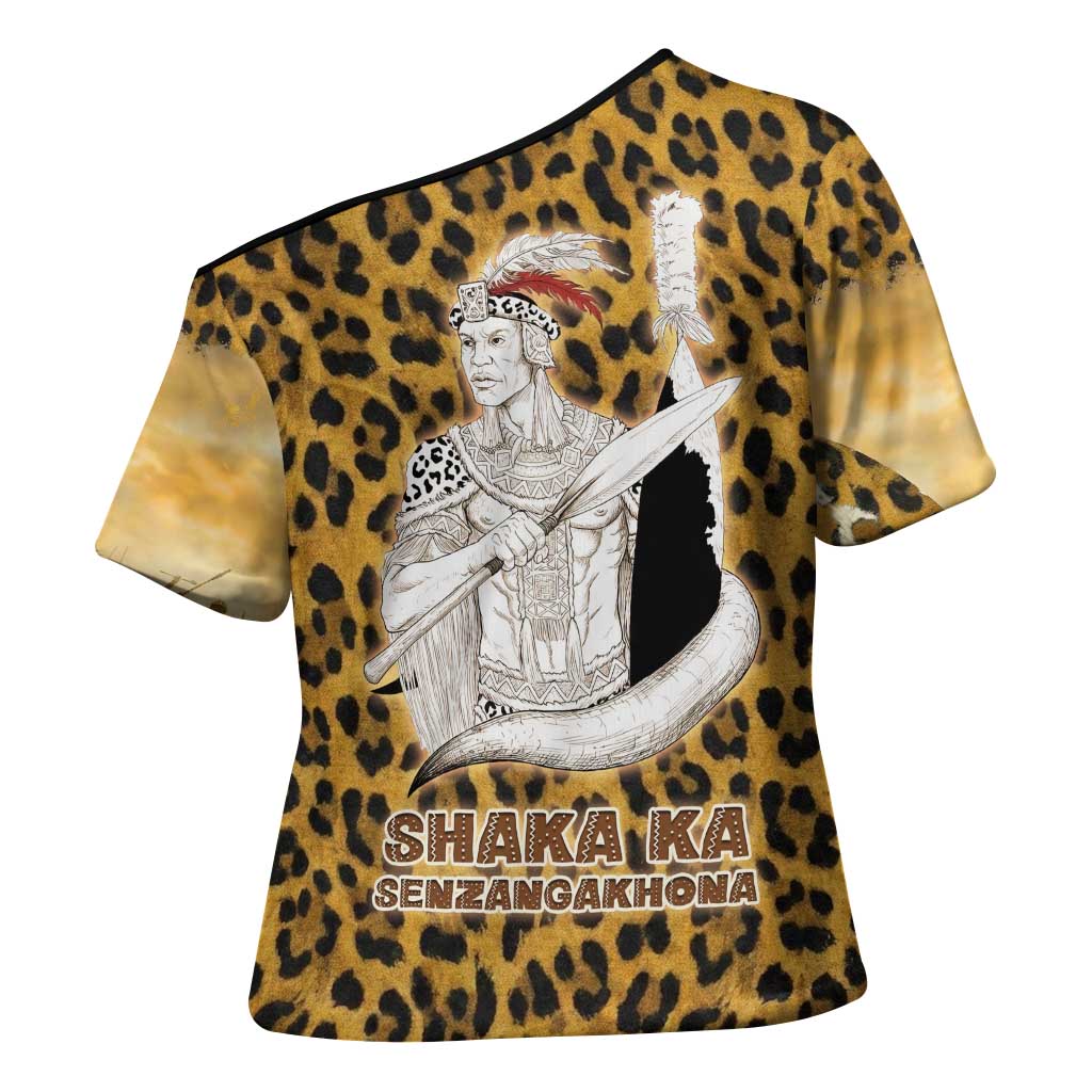 Shaka Zulu Cross Shoulder Shirt Leopard Print Design Traditional Warrior Spear and Shield Illustration Tribal King - Wonder Print Shop