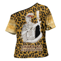 Shaka Zulu Cross Shoulder Shirt Leopard Print Design Traditional Warrior Spear and Shield Illustration Tribal King - Wonder Print Shop