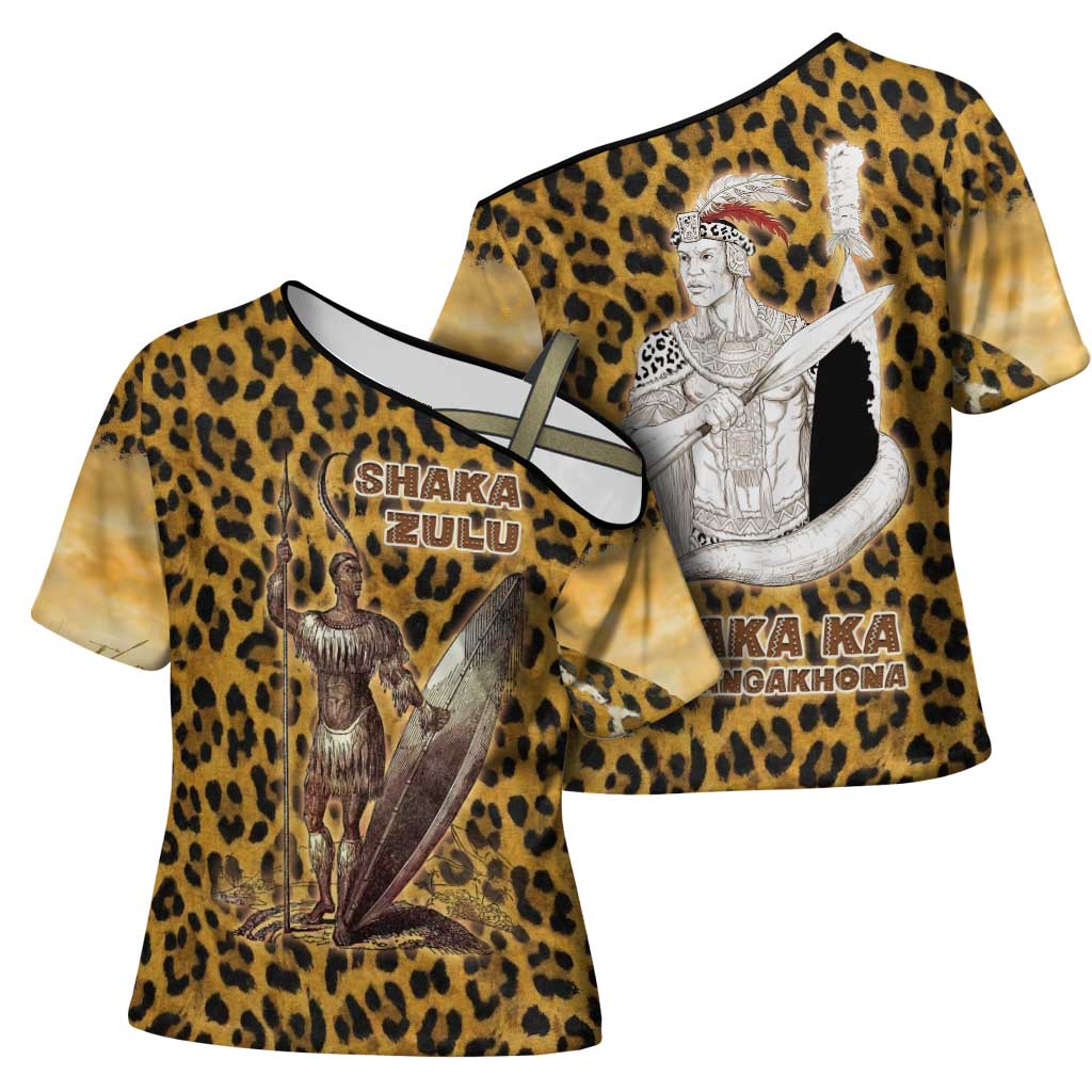 Shaka Zulu Cross Shoulder Shirt Leopard Print Design Traditional Warrior Spear and Shield Illustration Tribal King - Wonder Print Shop