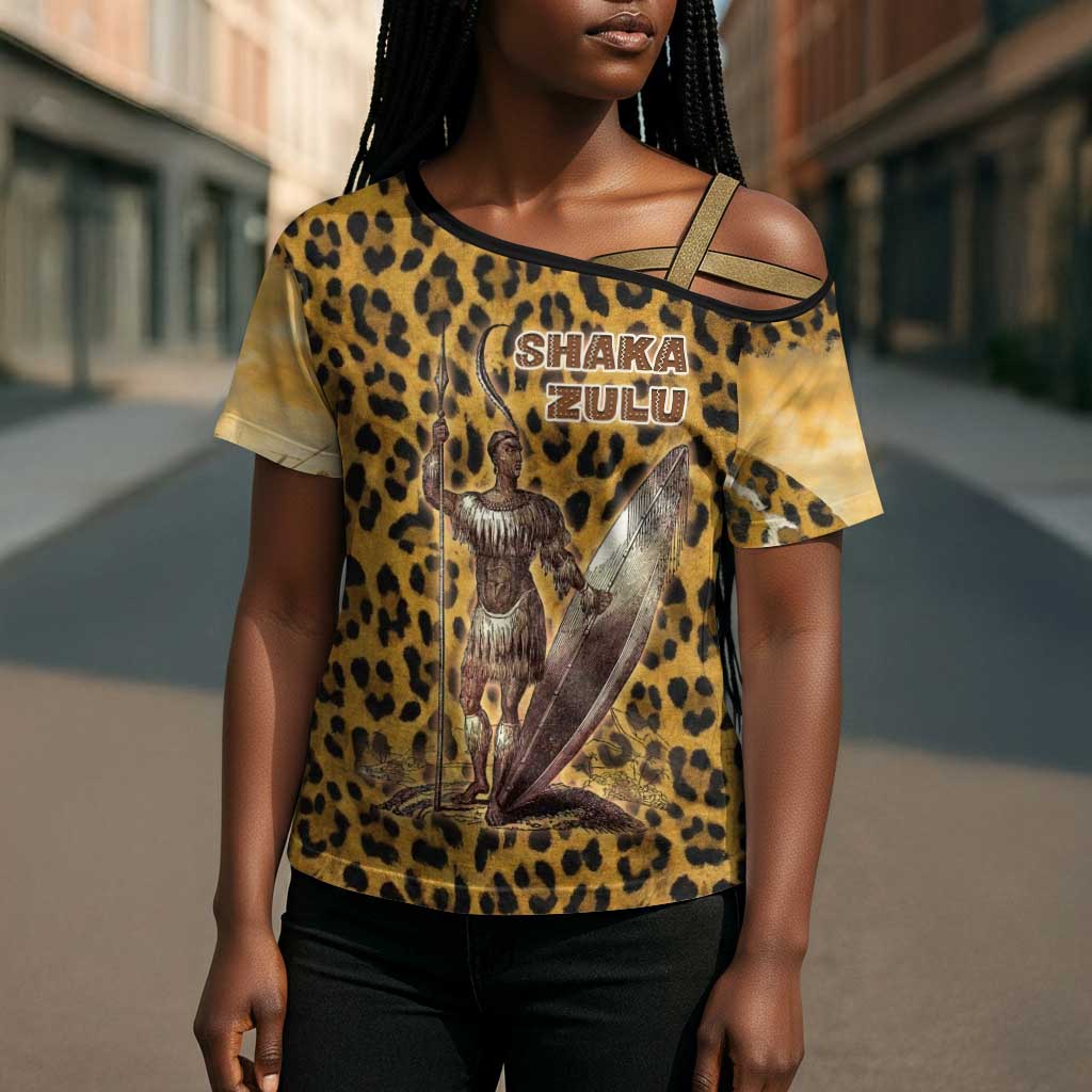 Shaka Zulu Cross Shoulder Shirt Leopard Print Design Traditional Warrior Spear and Shield Illustration Tribal King - Wonder Print Shop